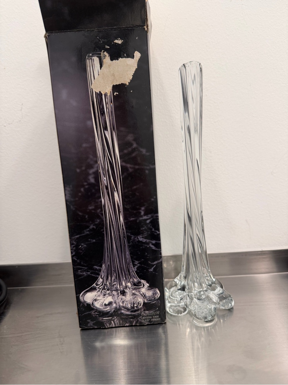 Dairen Hand Blown Clear Crystal Vase, Free Standing, 11 1/2 in Tall